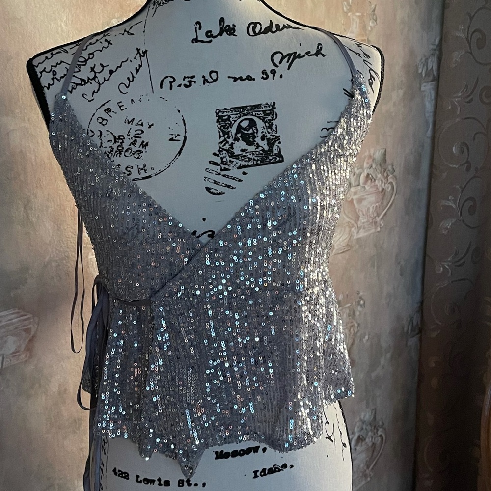 ZARA SILVER SEQUIN WRAP TOP NWT - Picture 4 of 6